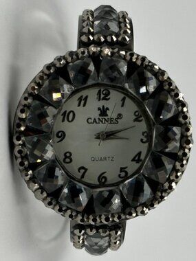 Cannes Rhinestone Watch Women Gunmetal Hinged Cuff Band New Battery 6.5"